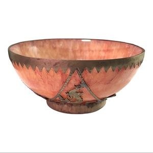 Antique Chinese Pink Crystal Soapstone Dragon & Phoenix Metal Bowl Home Decor
